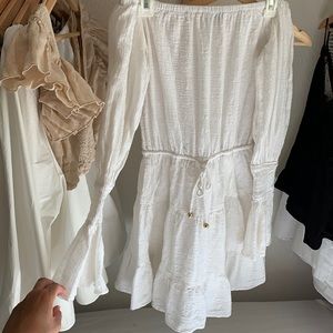 mini ruffle, off the shoulder white dress